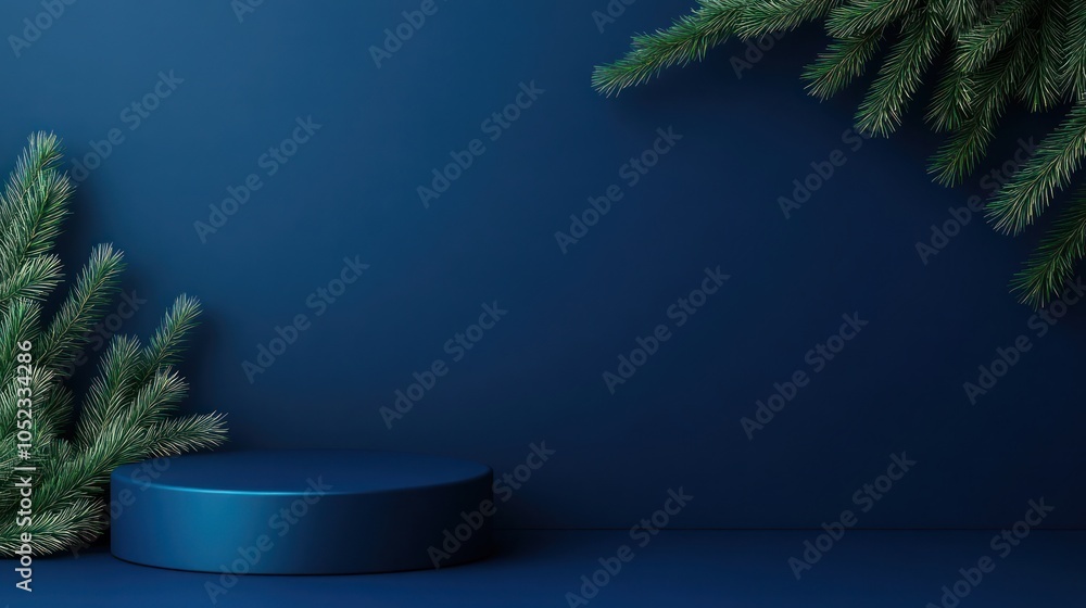 Poster circular platform with pine branches on a deep blue background.