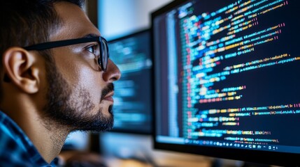 Fototapeta premium A focused developer is wearing glasses while working on a computer, focusing on a close-up view of the eye while looking at programming code, data, cyber security, and digital technology reflected.