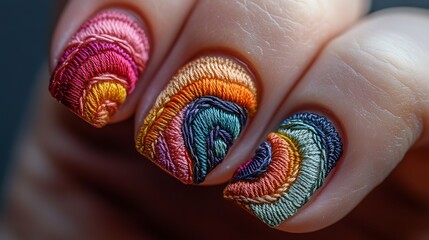 Naklejka premium Abstract silk embroidery nail art, featuring freeform thread patterns in vibrant colors, creating a textured and layered effect, with a matte neutral background for contrast, hd quality, macro shot,