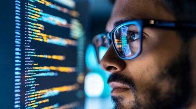 A focused developer is wearing glasses while working on a computer, focusing on a close-up view of the eye while looking at programming code, data, cyber security, and digital technology reflected.