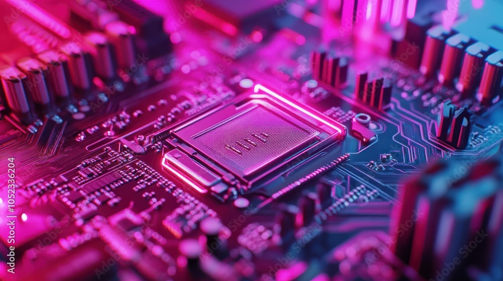 Poster central computer processor on motherboard with futuristic neon light