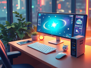 Generated cartoon image of futuristic workspace with clean sleek and minimalist look.