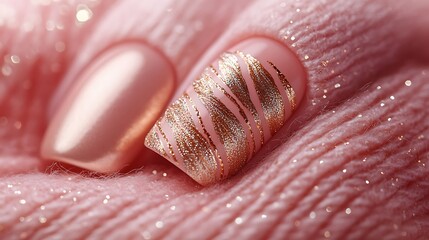 Obraz premium Artistic nail design with gold silk embroidery thread patterns, featuring delicate geometric accents on a matte blush pink background, creating a refined and luxurious appearance, hd quality,