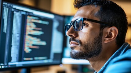 Fototapeta premium A focused developer is wearing glasses while working on a computer, focusing on a close-up view of the eye while looking at programming code, data, cyber security, and digital technology reflected.