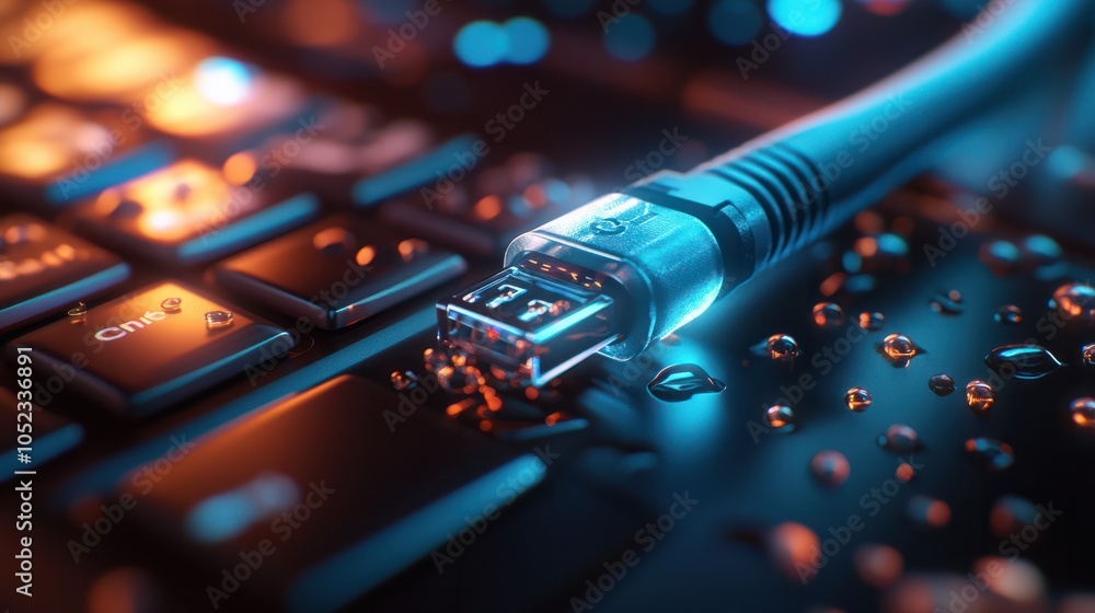 Poster close up on laptop port interface with blue an cable connected to transfer bandwidth and usage inter