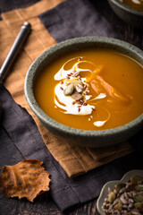 Vegetarian autumn pumpkin cream soup