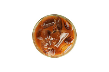 Iced of coffee cup with Bubbles  on glass cup isolated white background. Top view