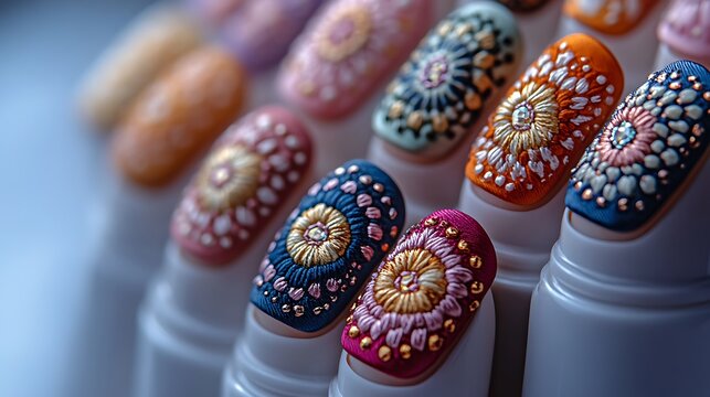 Close-up of boho chic mandala silk embroidery nail art, with detailed circular and triangular patterns in multicolored threads, set against a matte white background for a fresh and eclectic style,