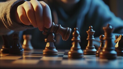A teenage boy's hand putting a chess piece on the board
