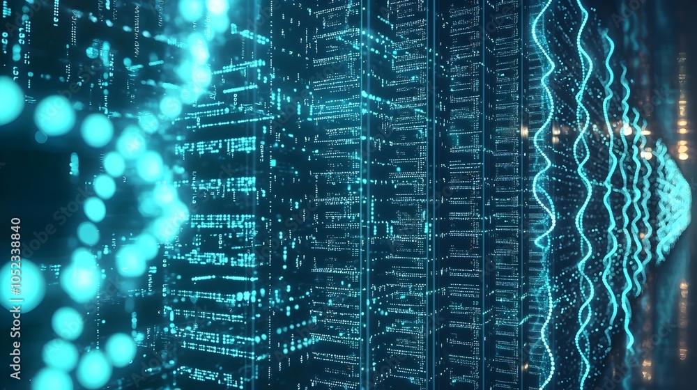 Poster digital archive stored in glowing dna strands representing data storage concept