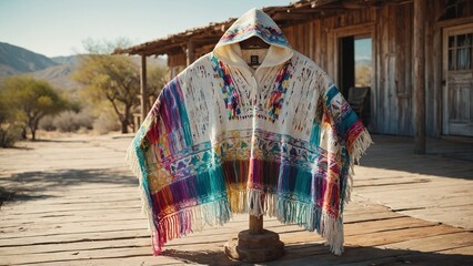 colorful traditional poncho displayed on mannequin in rustic outdoor setting