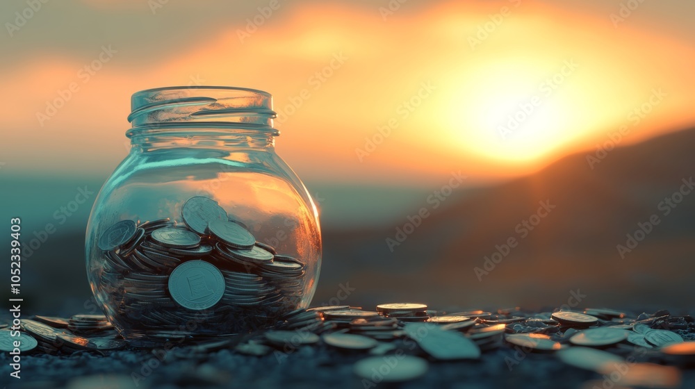 Aufkleber micro savings: a depiction of small, regular deposits being made into a savings jar or digital accou