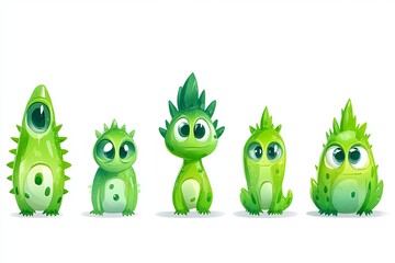 Fototapeta premium Vibrant alien life forms in various playful poses on a bright white background