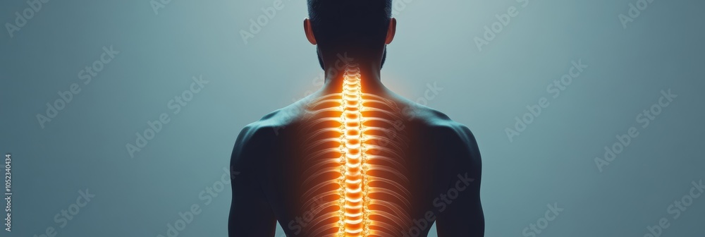 Poster illustration of man with highlighted spine, showing possible back pain needing medical care. detaile