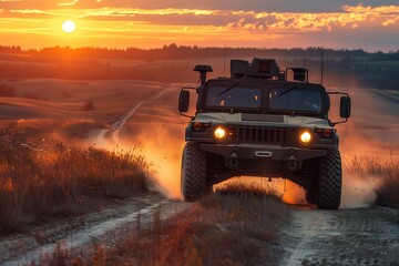 Fototapeta premium Military vehicle driving on a dirt road during sunse