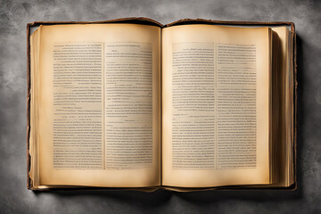 Obraz premium top view of a vintage open book with yellowed pages on a gray background