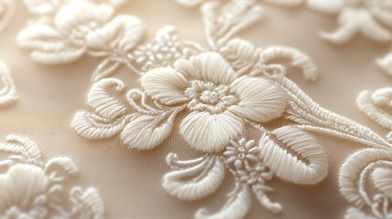 Obraz premium Nails adorned with silk lace embroidery, featuring ornate lace patterns in cream-colored thread on a matte beige background, creating an elegant and timeless style, hd quality, macro shot,