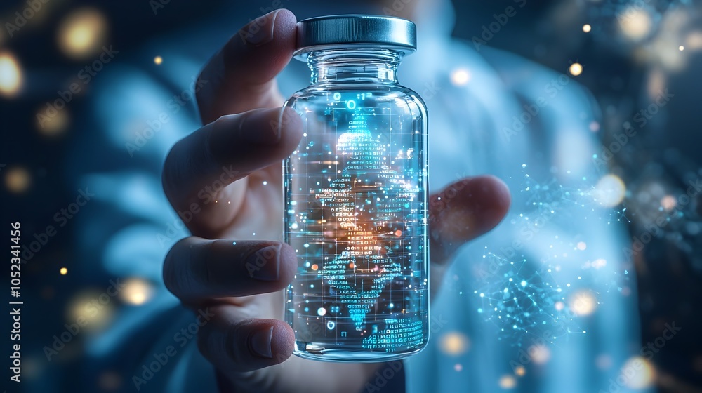 Poster scientist holding transparent vial with floating binary dna data storage concept