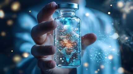Scientist Holding Transparent Vial with Floating Binary DNA Data Storage Concept
