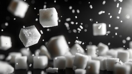 Floating sugar cubes with light bokeh in the background, isolated on a matte black surface