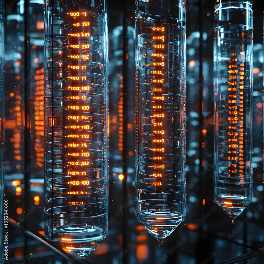 Poster futuristic dna storage facility with transparent vials labeled with unique binary data stored in gen