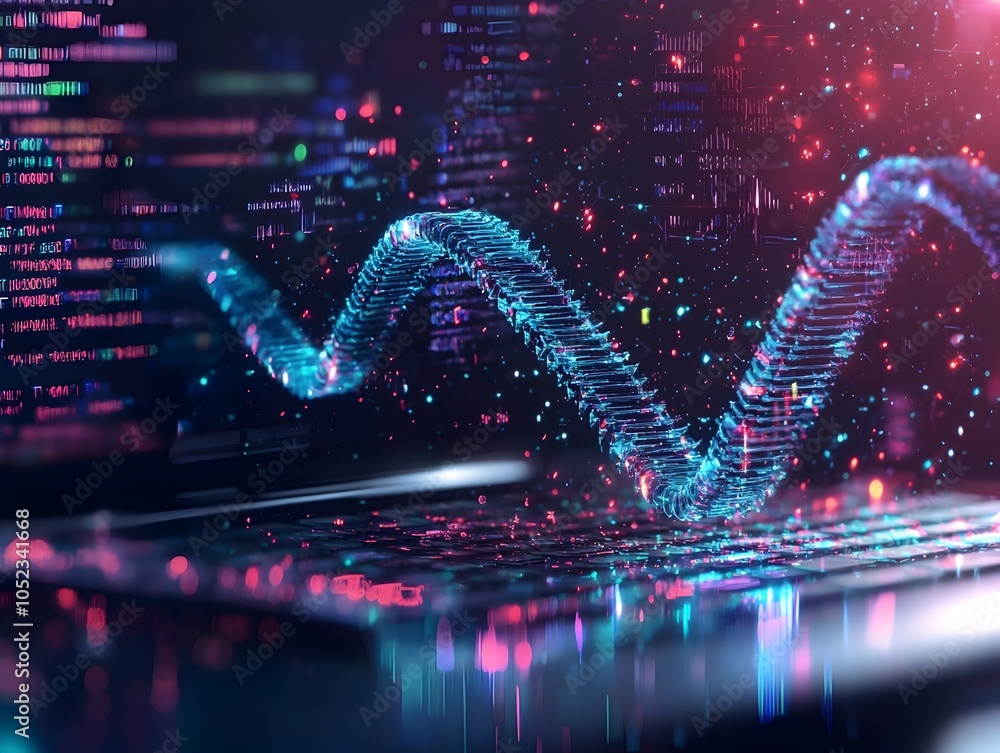 Poster visualization of digital data flowing into dna sequencer for genetic storage concept