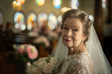 Naklejka premium elderly woman bride in front of the altar in a wedding dress