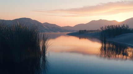 Obraz premium Desert Oasis at Dawn, tranquil waters mirroring soft morning light, surrounded by vibrant palm trees and golden sand dunes, serene atmosphere