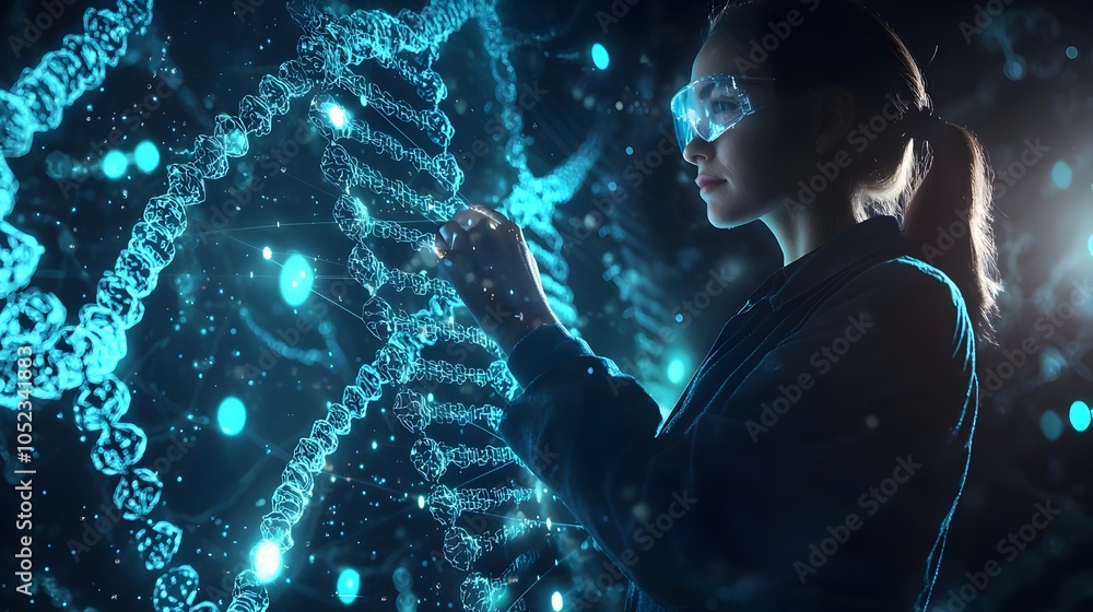 Poster scientist manipulating virtual dna strand in holographic interface for digital data storage