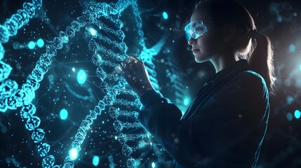 Scientist Manipulating Virtual DNA Strand in Holographic Interface for Digital Data Storage
