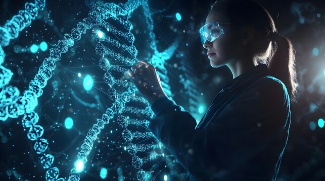 Scientist Manipulating Virtual DNA Strand in Holographic Interface for Digital Data Storage