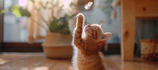 Playful Ginger Kitten Reaching for Feather Toy in Bright Modern Interior