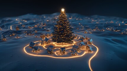 A giant Christmas tree lights up a snowy village.