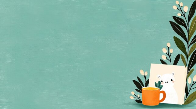 Green Background with Book  Mug  and Flowers - Powered by Adobe