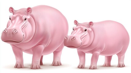 Pink Hippopotamus Family  Mother and Baby  Isolated on White Background