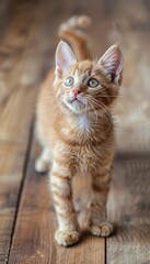 Playful Ginger Kitten with Curious Eyes on Wooden Floor - Perfect for Adorable Pet Promotions