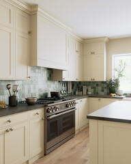 Explore the essence of modern kitchen design featuring sleek appliances and elegant green tiles