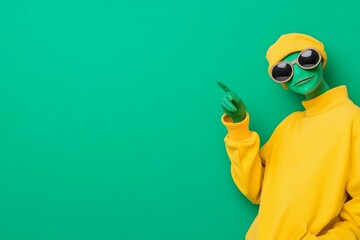 A playful green alien pointing at the viewer against a bold neon green background