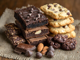 Delicious assortment of chocolate bars, cookies, and nuts on a burlap background.