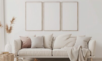 Three blank frames above a white sofa with pillows and a throw blanket in a minimalist living room