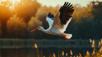 Obraz premium Flying white stork 