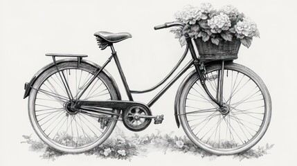 Obraz premium A Black and White Sketch of a Vintage Bicycle with Flowers in a Basket