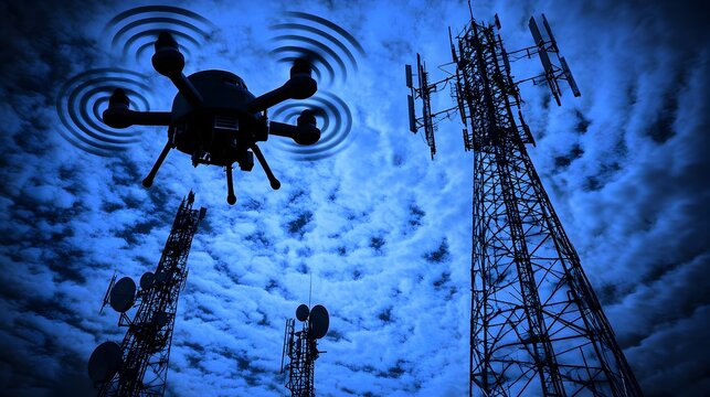 Futuristic Electronic Warfare Drone Jamming Enemy Radar Towers at Night with Advanced Antennas and Disruptors