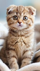 Adorable Scottish Fold Kitten on Pastel Blanket - Perfect for Pet Photography Prints