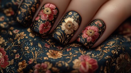 Vintage silk tapestry-inspired nail art, showcasing delicate embroidery of floral and ornamental patterns in rich, muted colors, set on a dark matte background,