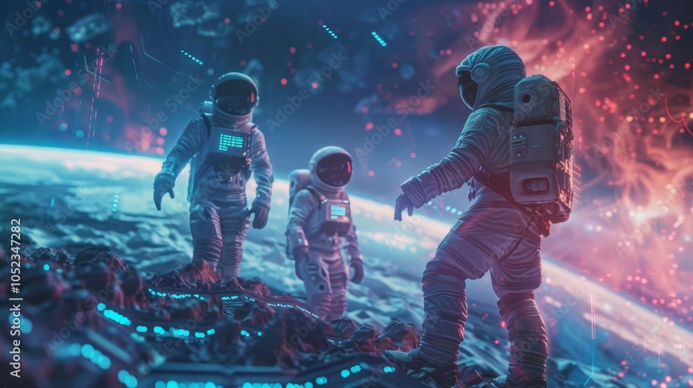 Poster a team of astronauts on a mission to terraform a distant planet using advanced tools and equipment p