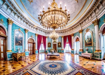 Obraz premium Dark Blue Palace Interior with Ornate Details in Panoramic View - Luxurious Decor, Architectural Elegance, and Opulent