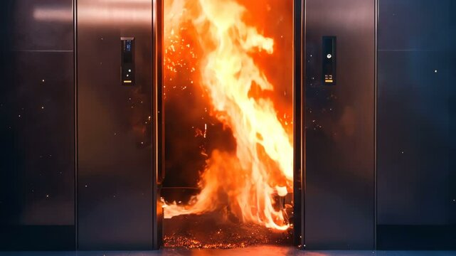 Emergency Situation Alert Intense Fire Erupting from the Elevator Shaft in the Commercial Building