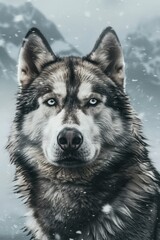 Obraz premium Alaskan Malamute Portrait in Snowy Mountain Landscape - Winter Photography for Posters
