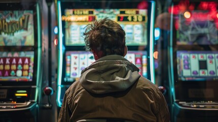 Fototapeta premium Person at Slot Machine in Neon-lit Casino Environment